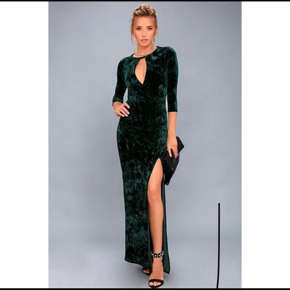Lulu’s Green velvet gown with keyhole and slit